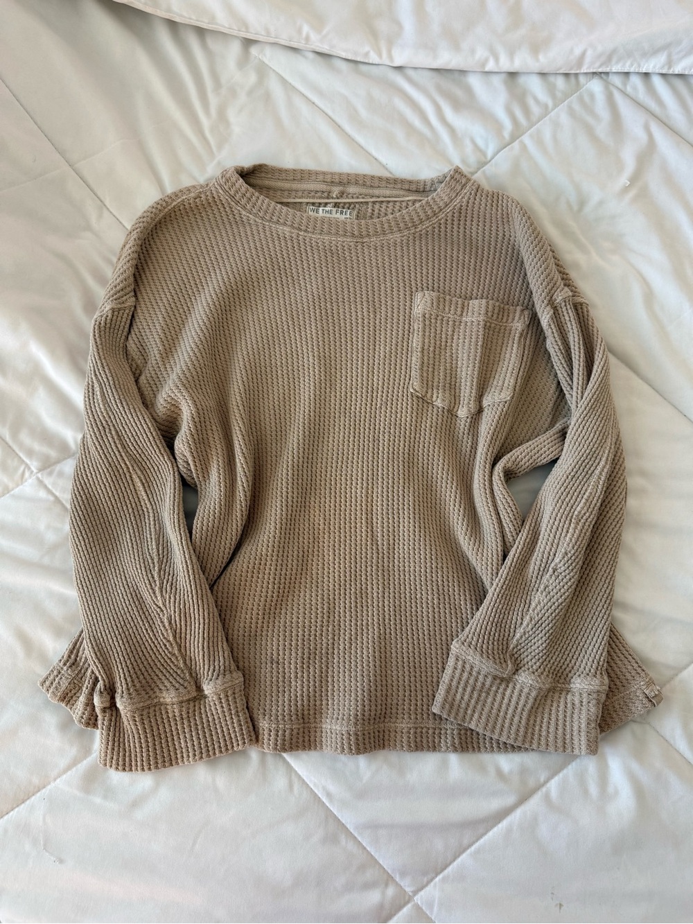 We The Free Taupe Waffle-Knit Long Sleeve Pocket Tee